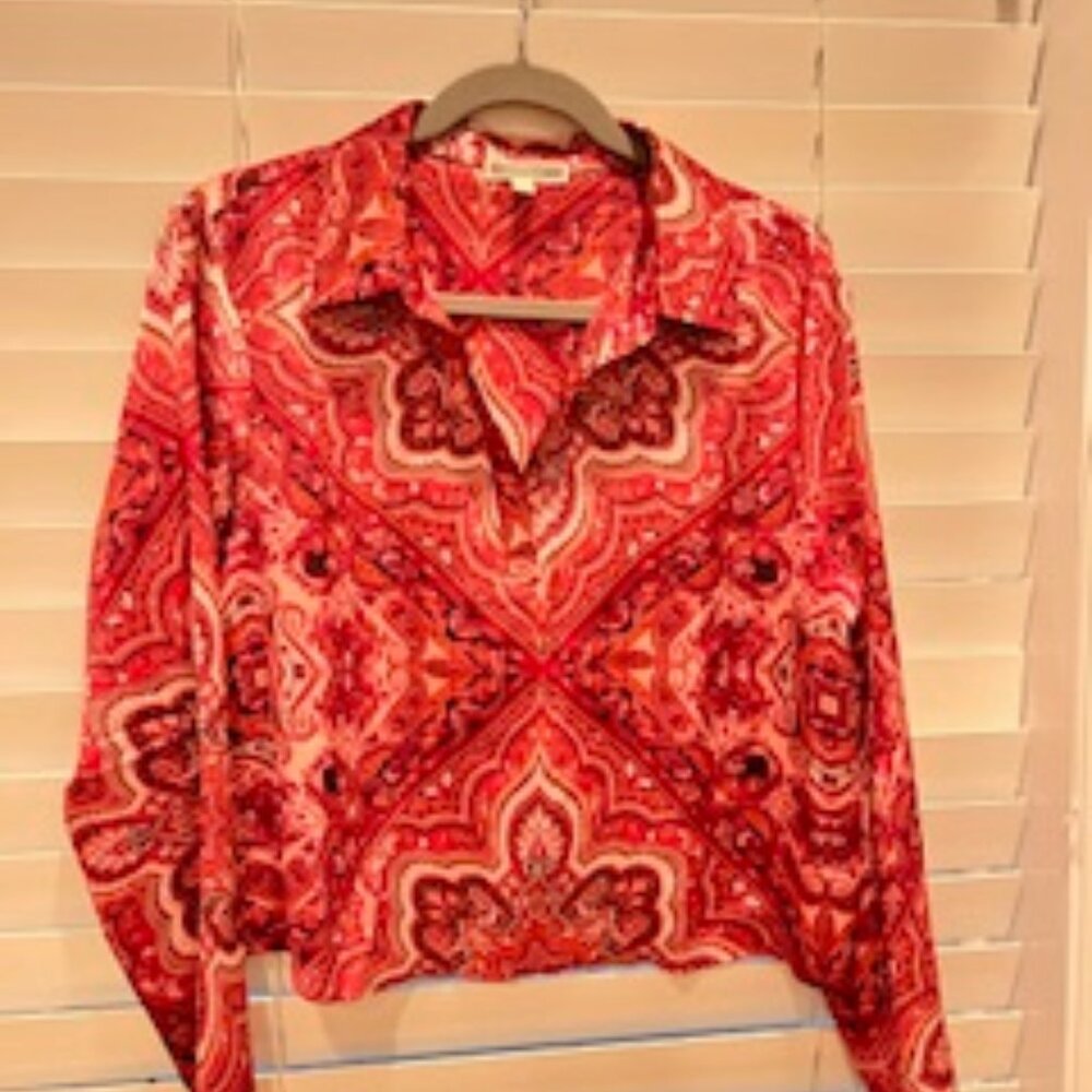 Pleione satin blouse pink with paisleys.
